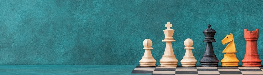 Arranged chess pieces on a vibrant background, showcasing a strategic game filled with intrigue and competition.