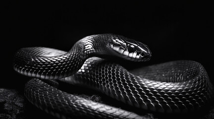 Fototapeta premium An elegant black and white shot of a majestic black mamba in a dark setting 
