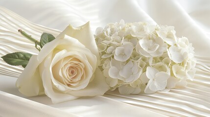 Elegant White Rose And Hydrangea Blossom On Soft Satin Background, Floral Arrangement.
