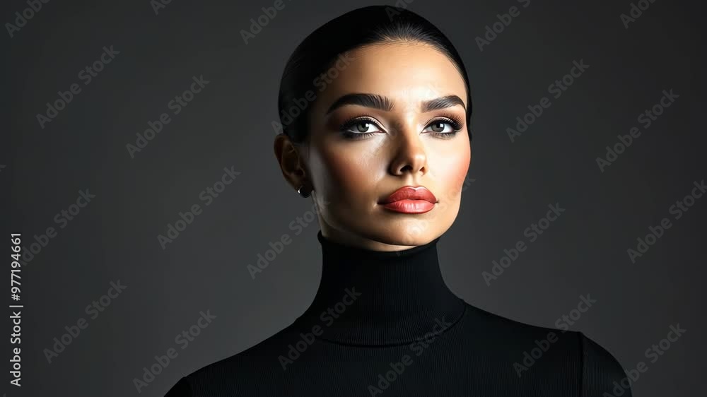 Poster elegant profile portrait of a model in a black turtleneck against a dark background captured in a st