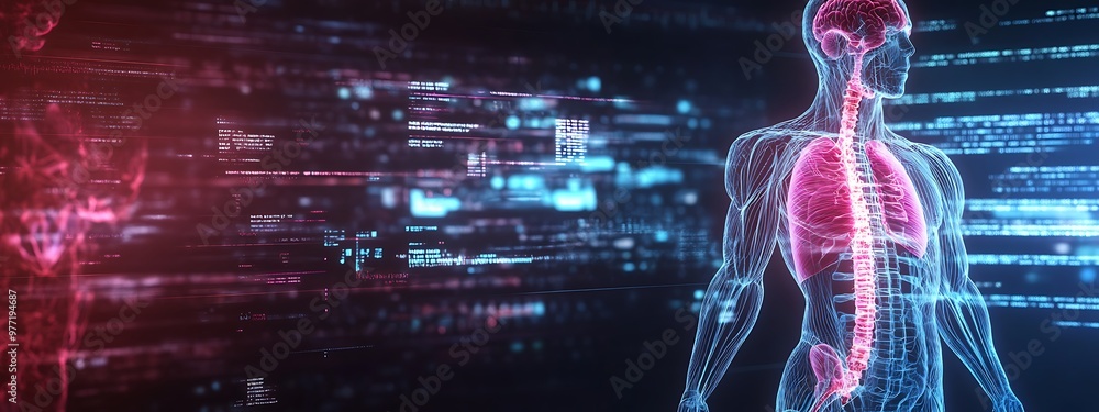 Fototapete digital human anatomy with code and data in the background