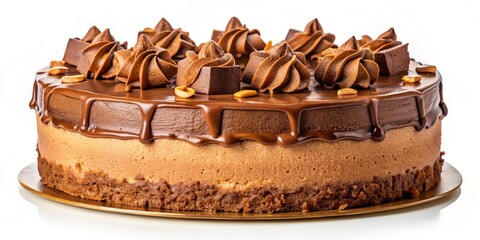 A rich, mocha-colored cake with chunks of crunchy Daim chocolate embedded in the moist texture, isolated on a clean white surface.