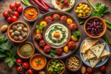 Fototapeta premium A dramatic presentation of meze, with a single, striking dish placed prominently in the center, surrounded by a sprinkling of smaller