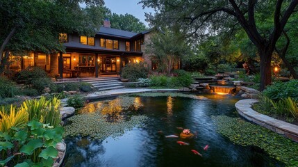 Obraz premium Serene Backyard Oasis with Pond and Waterfall