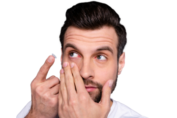 Close up photo charming youth have eye sight problem need correction hyperopia look want good eye condition stubble bristle wear white clothing isolated grey background