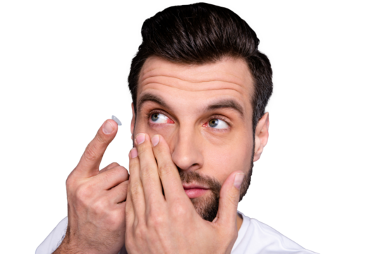 Close up photo charming youth have eye sight problem need correction hyperopia look want good eye condition stubble bristle wear white clothing isolated grey background