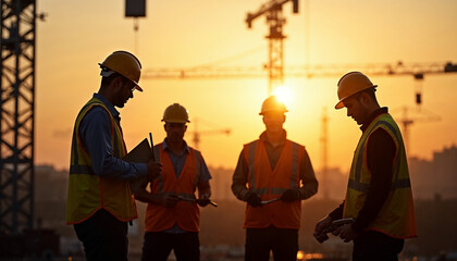 Silhouettes of an engineer and construction team working with a warm sunset glow and blurred background of structures and cranes.






