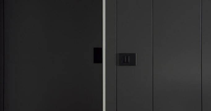 The door closed in a modern room. Gray background texture board. Wooden panels in modern room. Empty room and wood panels wall background. Gray and black panels in modern minimalist interior. 