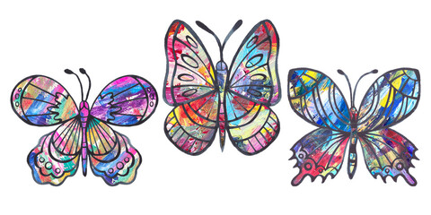 Set of colorful butterflies hand drawing ink and acrylic abstract painted isolated on white