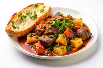 Slow-cooked beef stifado stew with fresh parsley and crusty bread, served on a white plate against a white background