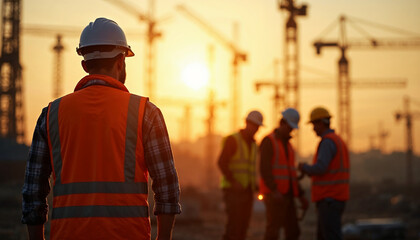 Silhouettes of an engineer and construction team working with a warm sunset glow and blurred background of structures and cranes.







