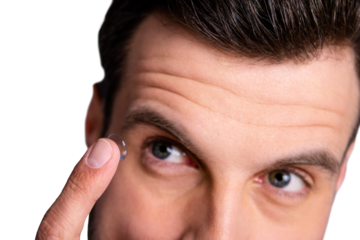 Close up cropped view photo of concentrated lovely pretty handsome millennial use have doctors office service want good eye vision hold hand finger look isolated grey background