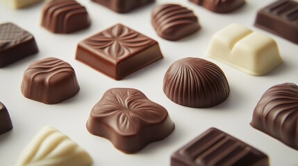 Fototapeta premium A close-up of hand-crafted chocolate shapes in luxury packaging, displayed on a bright white background to highlight the design details