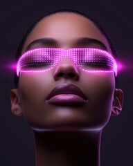 Futuristic portrait of a woman wearing illuminated pink glasses, showcasing modern fashion and vibrant aesthetics. © Pui