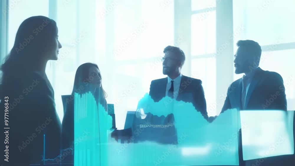 Poster silhouetted business team in a corporate office discussing data with holographic charts overlay. inn