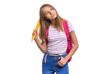 Teen girl holding a large yellow pencil and looking thoughtful, isolated on white background.