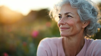 The image shows an elderly woman with gray hair smiling softly while sitting in a garden at sunset, surrounded by blurred flowers in the background.