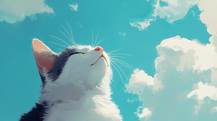 A close-up of a cat resting with a light blue sky and animated clouds, Japanese animation-inspired