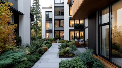 Obraz premium A beautifully landscaped modern courtyard featuring a lush garden with various plants and trees, bordered by sleek, stylish apartment buildings designed with large windows.
