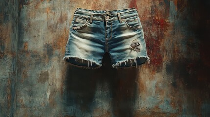 3D render of vintage-style denim shorts, distressed fabric texture, floating against a rustic background