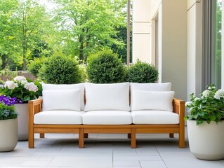 Elegant Midcentury modern patio, teak sofas with white cushions, artfully arranged planters, sunlit atmosphere, oil painting style, serene and sophisticated setting