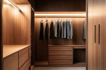 Elegant teak closet in midcentury modern style, close-up focus on seamless joinery, rich wood patterns, sleek lines, muted lighting, refined craftsmanship, watercolor technique