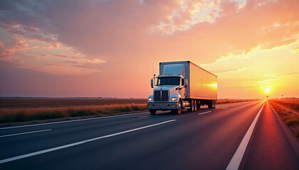 White trailer truck on empty roads at sunset with light trails, ideal for ads or promotions.






