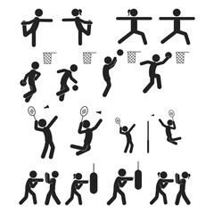 Bundle isolated pictogram yoga, warm up, badminton, basket ball, boxing sign