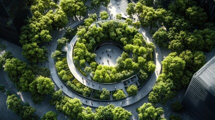 Fototapeta premium Aerial View of Urban Park with Circular Pathway