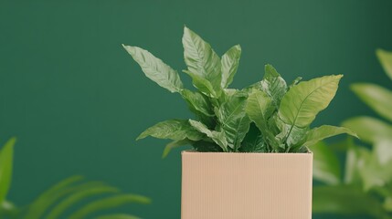 Potted plant with green leaves on green background. Indoor gardening and home decor. Minimalist style. Space for text in natural design