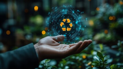 Fototapeta premium Businessman holding circular economy symbol on virtual screen. sustainable development growth business earning profit and environment reservation.