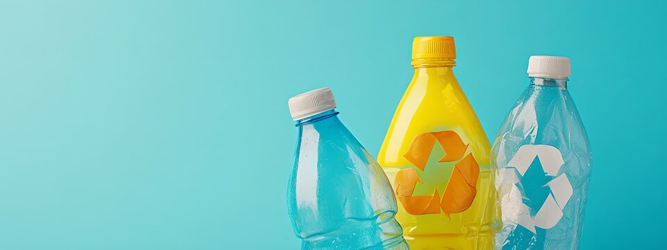 Assorted cleaning product bottles on blue backdrop. Household hygiene supplies. Recycling and environment concept. Space for text in minimalist design. - Powered by Adobe