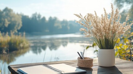 Fototapeta premium 2025 calendar mockup, serene river view, soft pastels, modern and clean design, natural beauty