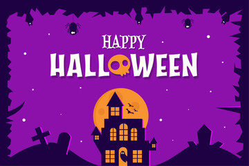 Spooky halloween background. A haunted house with purple sky, moon, bats, spiders, gravestone. Vector illustration with text.
