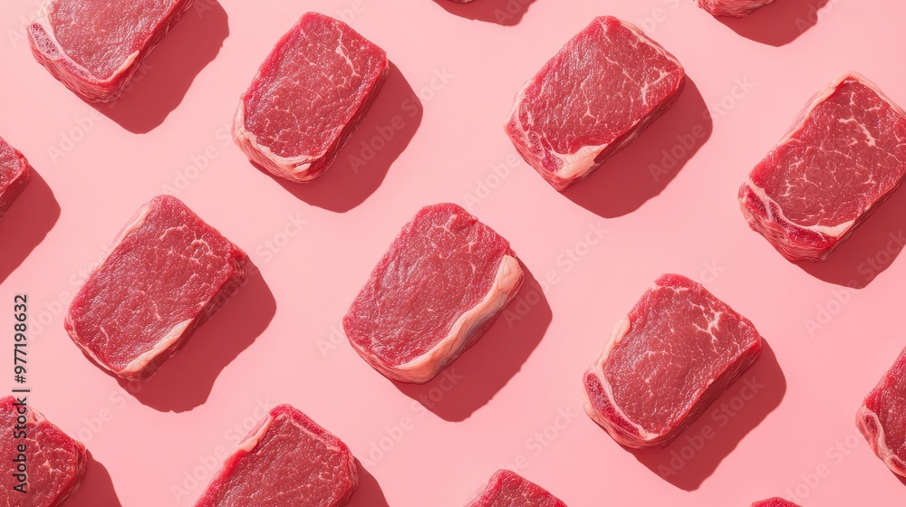 Poster a pattern of medium rectangular steaks on a pink background,all the same size and shape