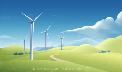 Hand painted horizontal illustration of a wind turbine on a green hillside under a blue sky © jm