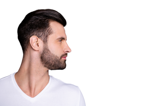 Profile side view photo of charming lovely attractive man look feel gorgeous concentrated focused isolated dressed white shirt t-shirt fashionable clothing grey background