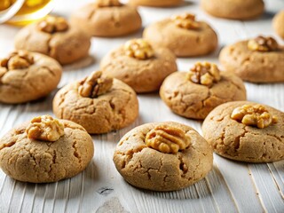 Fresh walnut cookies from Greece on a studio-white surface, awaiting a sweet syrup infusion