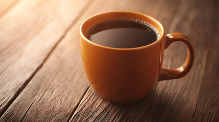 Obraz premium orange mug with hot black coffee on wooden table 