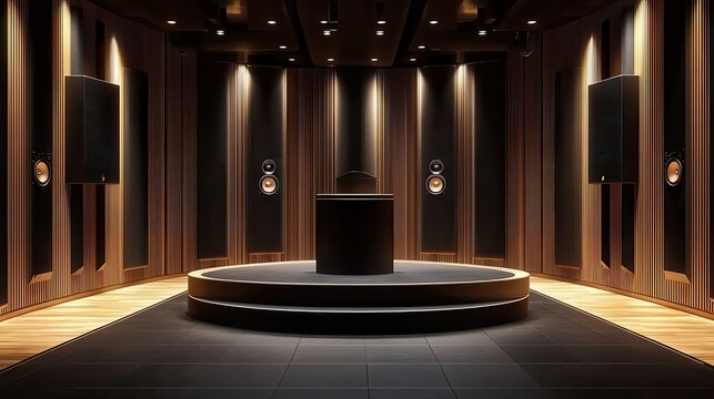 Black podium in a high-end recording studio, soundproof walls, premium audio equipment