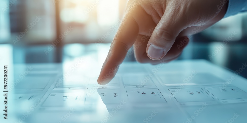 Poster calendar floating on the floor young businessman's hand touching a calendar the index finger has a d