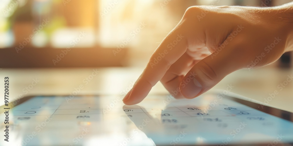 Poster calendar floating on the floor young businessman's hand touching a calendar the index finger has a d