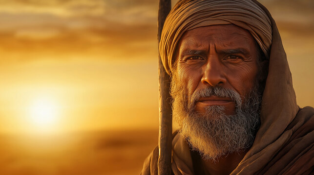 A mid-age druid in the Sahara desert, cloaked in traditional desert robes with subtle mystical symbols woven into the fabric, standing in the glowing sunset with a calm yet powerfu