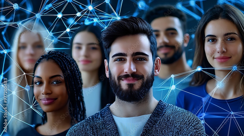 Aufkleber a diverse group of people is digitally connected, symbolizing unity in a networked world.