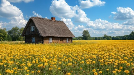 A charming rural house with thatched roof nestled in a vast field of vibrant yellow wildflowers under a bright blue sky with fluffy clouds