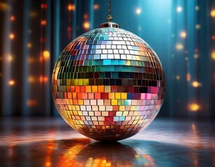 Obraz premium Colorful Disco Mirror Ball Nightclub Sphere Light Reflecting Vibrant Beams Across the Dance Floor – A Symbol of Partying, Celebration, and Retro Vibes, Perfect for Dance Halls, Clubs, and Festive 