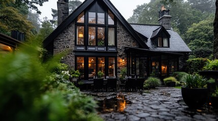 A cozy stone home with illuminated windows, surrounded by lush greenery and wet cobblestone paths, creating a tranquil atmosphere on a rainy day.