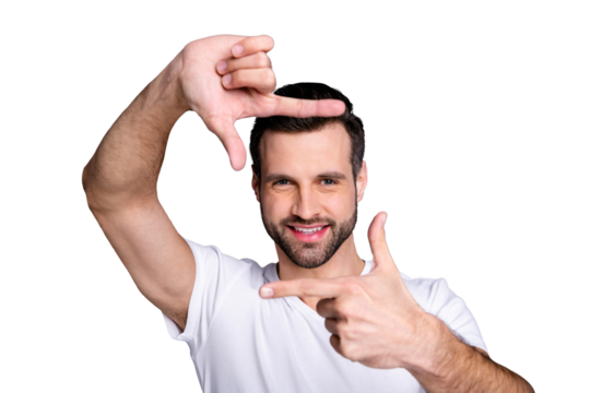 Portrait of charming lovely positive cheerful lovely person people feel rejoice content make photo shape dressed white light0colored clothing isolated grey background