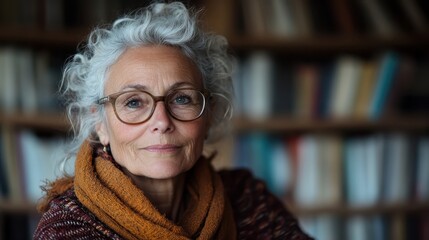 A senior woman with grey hair, wearing glasses and a cozy scarf, exudes wisdom as she sits in a home library, surrounded by a rich collection of books.