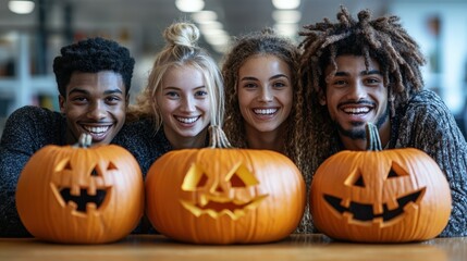A diverse group of happy young adults smiling and posing with carved Halloween pumpkins on a wooden table in a festive indoor setting